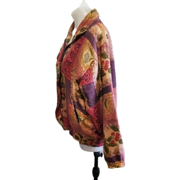 Vintage Stunt Sports 100% Silk Patchwork Jacket Small Boho 90 Bomber Flora Fruit - Picture 10 of 12